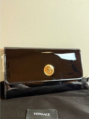 Versace Black Patent Leather Clutch on chain with Gold Medusa Button